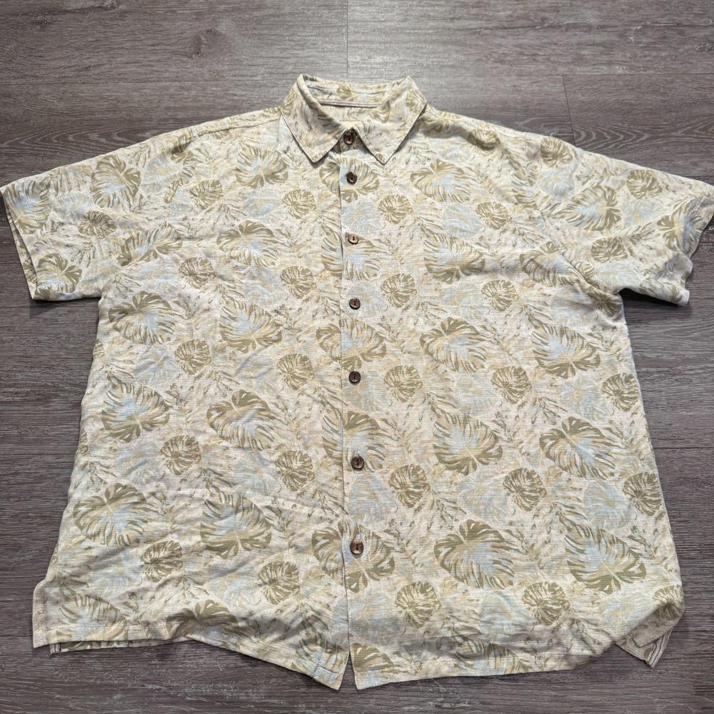 Island Republic Shirt Mens XL Tan 100% Silk Tropical Leaf Summer Beach Vacation